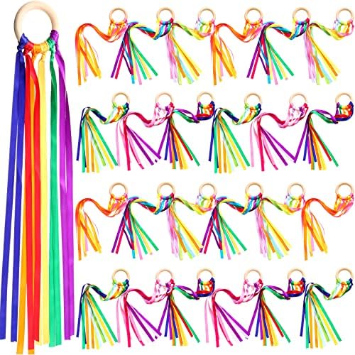 Drachen | 24 Stück Regenbogen Handdrachen Waldorf Spielzeug Kreative Tanzband Streamer mit Holzring Handgelenk Sinnes-Spielzeug Lernspielzeug für Spielzimmer Tanz Geburtstagsparty Geschenk (Regenbogen) Drachen Drachen