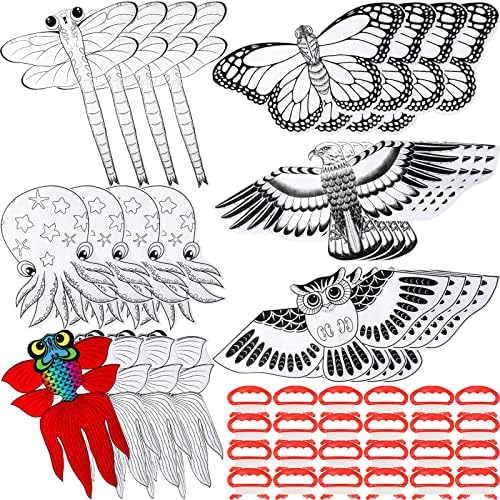 Drachen | 24er Pack DIY Drachen für Kinder – Blanko Malen Drachen Bastelset – Großpackung zum Dekorieren und Ausmalen – Drachenparty-Set – Einfach fliegender Drachen mit Griff und Schnur für Outdoor-Aktivitäten Drachen Drachen