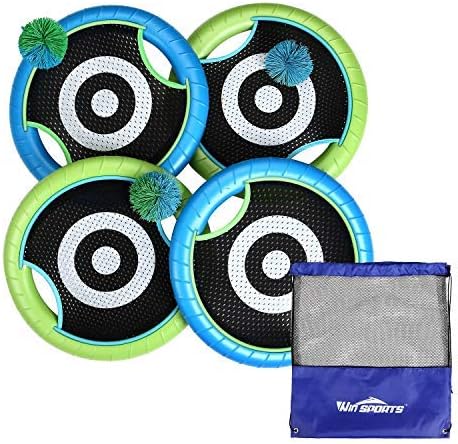 Flugscheiben-Sportgeräte | Trampolin Paddel Disc, Indoor-Outdoor-Spiel für 4 Spieler, Camping-Spiel für Kinder, Erwachsene, Paare, Freunde, Familie, inklusive 4 Schlägern, 3 Gummi-Koosh-Bällen, 1 Aufbewahrungstasche. Flugscheiben-Sportgeräte Flugscheiben-Sportgeräte