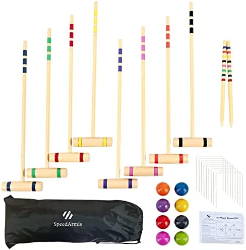 Krocket | Croquet-Set für 8 Spieler – Hergestellt aus langlebigem Kiefernholz, Familienvergnügen für Gärten, Camping und mehr, inklusive bunter Schläger, Spielbälle, Tore, Pfosten und Tragetasche. Krocket Krocket