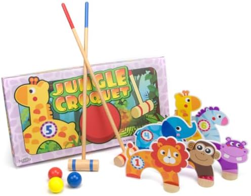 Krocket | Deluxe Junior Dschungeltiere Croquet Holzspielset – Enthält 2 Schläger, 3 Bälle & 6 Tore! Krocket Krocket