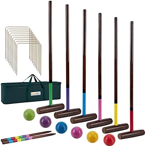 Krocket | Sechs-Spieler-Croquet-Set, 28″ Croquet-Set mit hochwertigen Holzschlägern | Bunte Bälle | Tore | Pfähle | Tragetasche, klassisches Familienspiel für den Außenbereich im Garten. Krocket Krocket