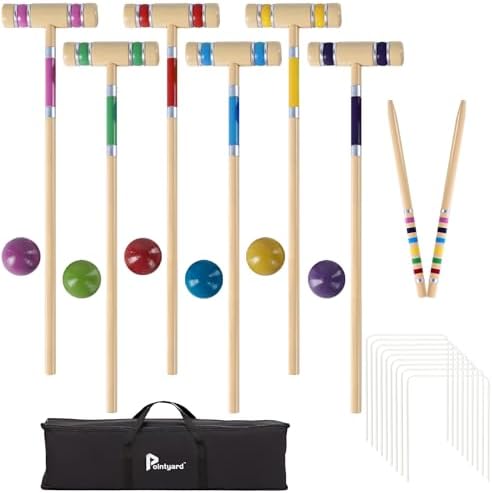 Krocket | Sechs Spieler Croquet Set, 28″ Croquet Set mit Holzschlägern/bunten Bällen/Wickets/Pfählen für Erwachsene/Teenager/Familien – Perfekt für Rasen-/Hinterhofspiele/Park (inklusive Tragetasche) Krocket Krocket