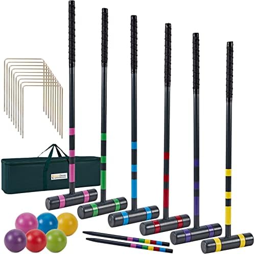 Krocket | Sechs Spieler Deluxe Croquet Set, 35“ Croquet Set mit hochwertigen Holzschlägern | Bunte Bälle | Tore | Pfähle | Tragetasche, Outdoor-Croquet-Spiel für Teenager, Erwachsene und Familien Krocket Krocket