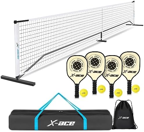 Pickleball | Pickleball-Netzset mit Rädern für Zuhause – 22 Fuß reguläre Größe, tragbares Pickleball-Netz für die Auffahrt, 4 Schläger & Pickleballs, 12 Platzierungsset, stabiler mattschwarzer Stahlrahmen Pickleball Pickleball