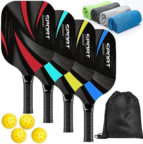 Pickleball | Pickleball Schläger, Pickleball Set mit 4 Premium Holz-Pickleball-Schlägern, 4 Kühlhandtüchern, 4 Pickleball-Bällen und Tragetasche, Pickleball Schläger Set mit 4, ergonomischer gepolsterter Griff Pickleball Pickleball