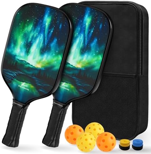 Pickleball | Pickleball Schläger Set aus 2: Aurora Fiberglas Schläger mit Bällen & Tasche für Anfänger – Leichte Rackets für Jugendliche und Erwachsene – Ästhetisches Pickleball Equipment | 7Oz 14Mm Pickleball Pickleball