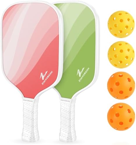 Pickleball | Pickleball Schläger Set aus 2: Pinke und grüne Fiberglas-Rackets mit Bällen für Anfänger – Leichter 8mm Honigwaben-Verbundkern Spin-Schläger – Süßes, mädchenhaftes Pickleball-Equipment | 7oz 14mm Pickleball Pickleball