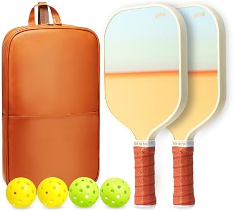 Pickleball | Pickleball Schläger Set aus 2 – USAPA genehmigter Graphit Pickleball Schläger, 2 Pickleball Schläger, 4 Bälle und 1 PU-Leder Tragetasche, Pickleball Set für Männer, Gelb-Verlauf Pickleball Pickleball