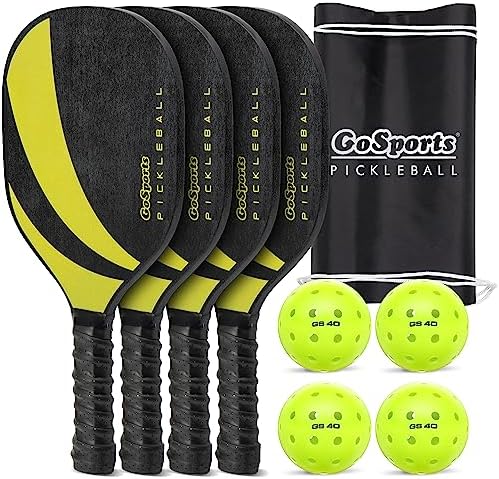 Pickleball | Pickleball Set mit 4 Schlägern, 4 regulären Pickleballs und Tragetasche – Klassisch, Retro, Stahlblau oder Gelb Pickleball Pickleball