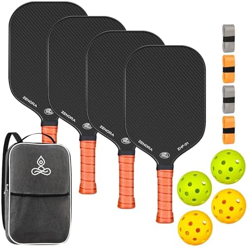 Pickleball | Zenora Pickleball Schläger, Usapa genehmigte Fiberglas/Carbonfaser Pickleball Schläger Set mit Pickleball Schlägern, Fiberglas Pickleball Schläger Set aus 2 oder 4 für Männer, Kinder, Erwachsene Pickleball Pickleball