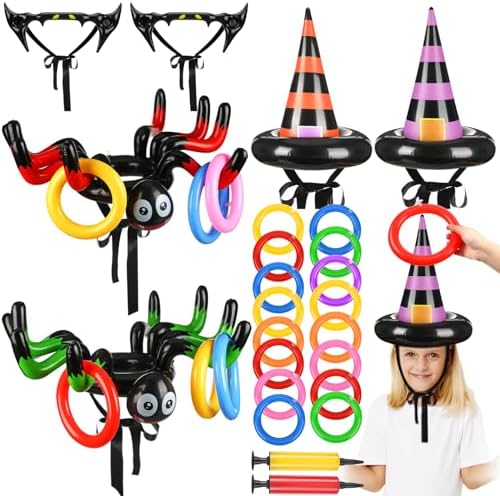 Wurfspiele | 43-teiliges Halloween Ringwurfspiel für Kinder, einschließlich 6 aufblasbaren Hexenhüten, Halloween-Spinnen, Fledermausspielen, 35 Plastikringen und 2 Luftpumpen für Halloween-Wurfspiele für Erwachsene bei Indoor- und Outdoor-Partys. Wurfspiele Wurfspiele