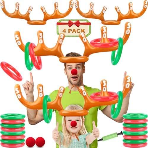 Wurfspiele | 4er-Pack aufblasbares Rentier-Geweih-Ringwurfspiel – Weihnachts-Themenpartyspiel – Lustiges Rentier-Hut-Ringwurfspiel für die Weihnachtsfeier – 4 aufblasbare Geweihe, 24 Ringe (Alter: 4 Jahre und älter) Wurfspiele Wurfspiele