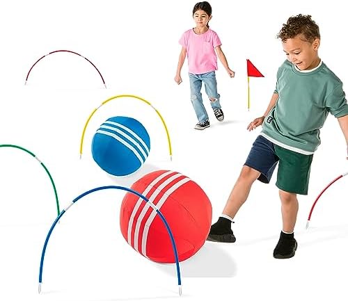 Krocket | Übergroßes Kick-Croquet-Spiel im Freien für 4+ Jahre mit zwei 14-Zoll-Stoffbällen, sieben Toren und zwei Zielflaggen. Krocket Krocket